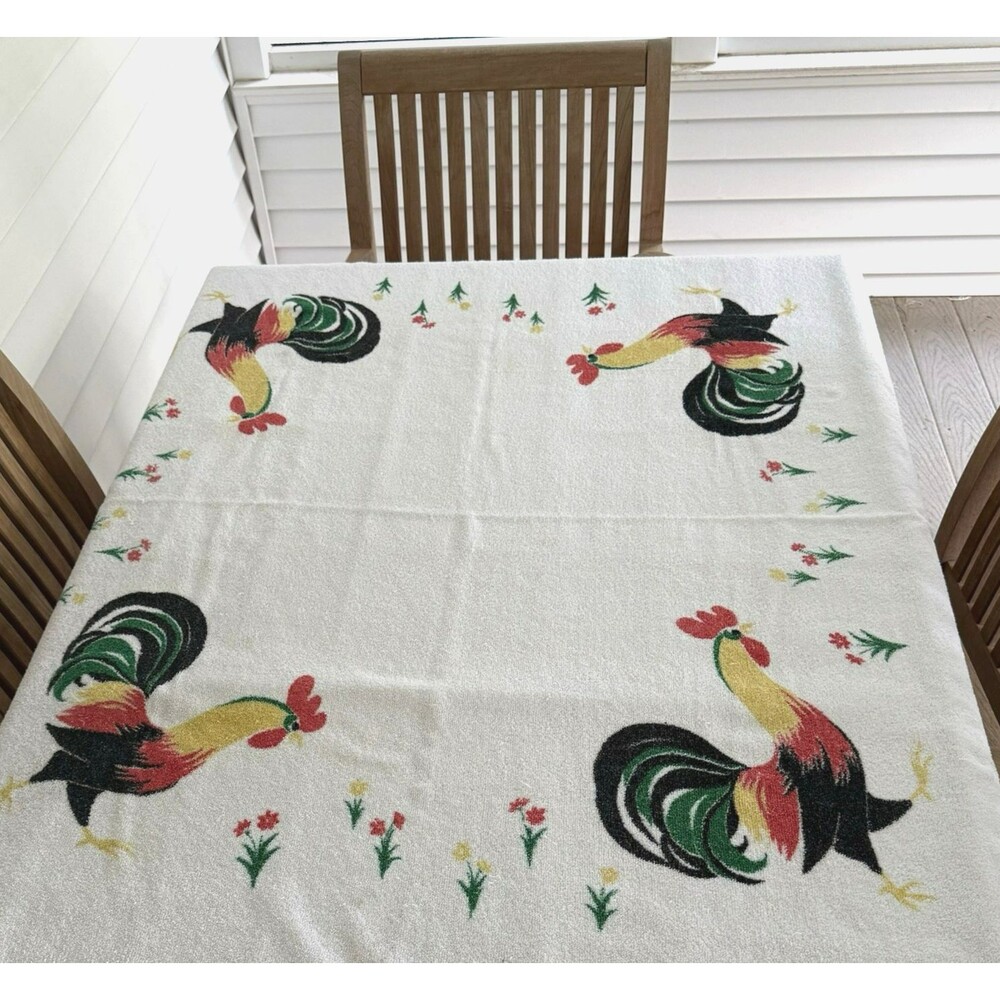 Vtg California Hand Prints Terry Tablecloth Roosters Chickens 48 x 54 USA READ